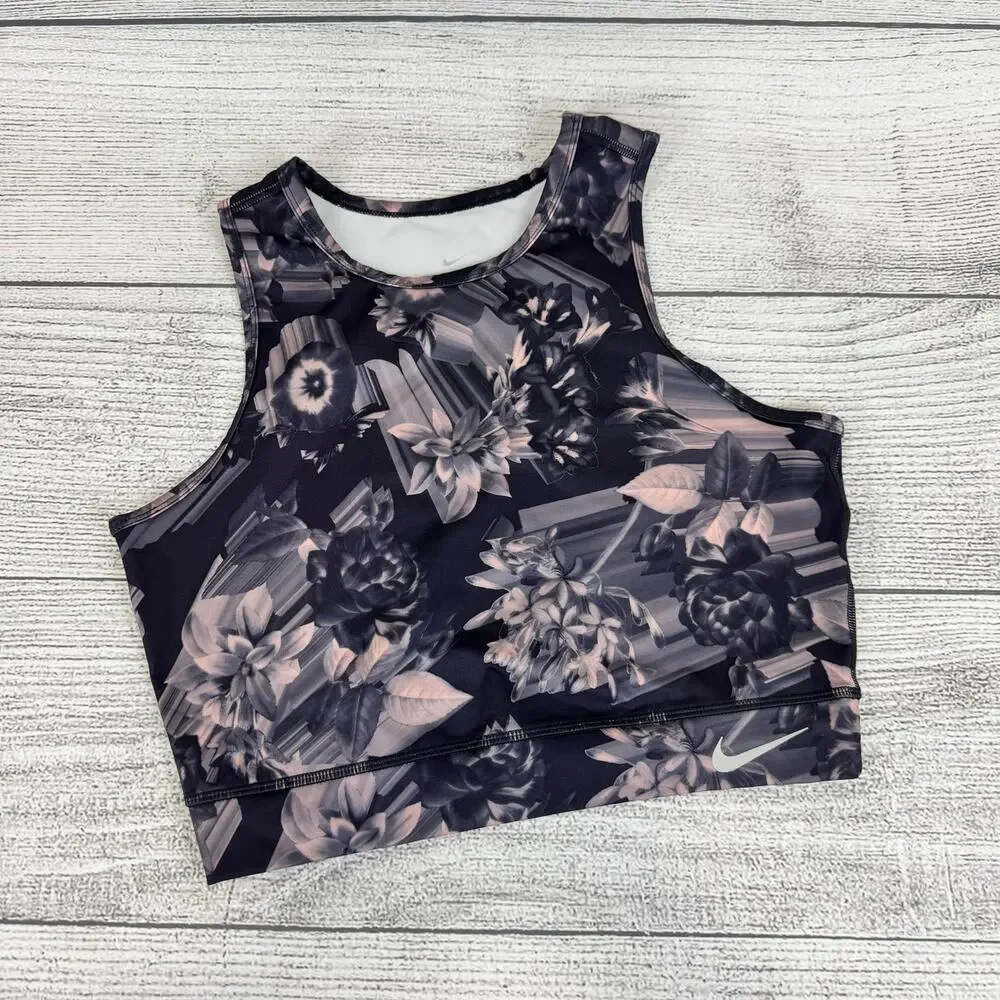 Nike Women's Dri-Fit Gray & Pink Floral Cropped Workout Tank Size Medium